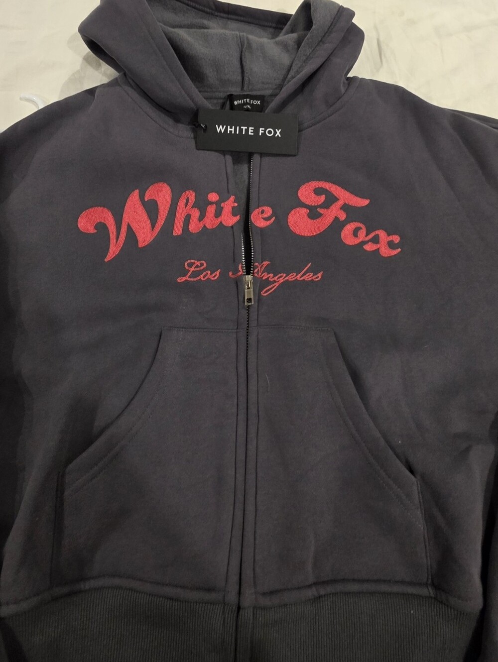 White Fox Boutique Charcoal Zip-Up Hoodie with Red Script